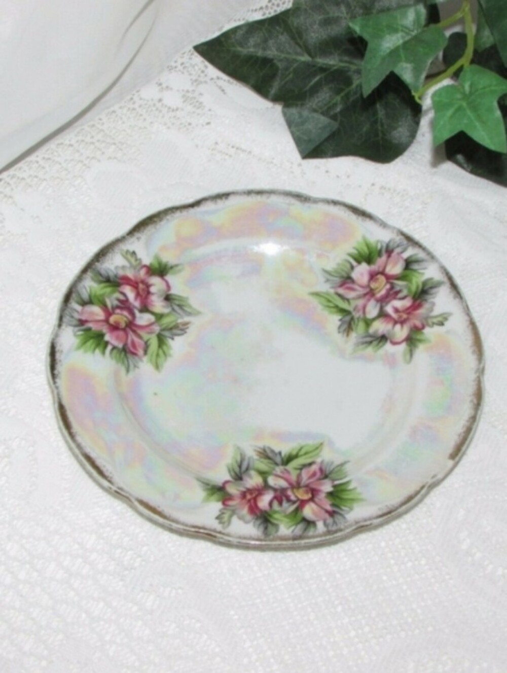 Vintage Opalescent Cake Dessert Plate Pink Flowers Japan Cottagecore